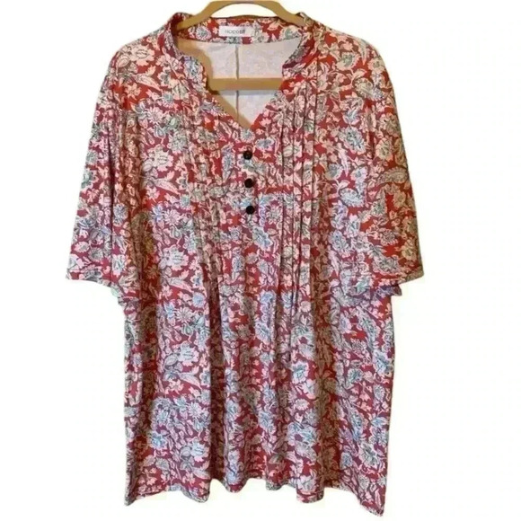 HOCOSIT Women's Floral Print Short Ruffle Sleeve Pleated Front V Neck - Picture 2 of 15